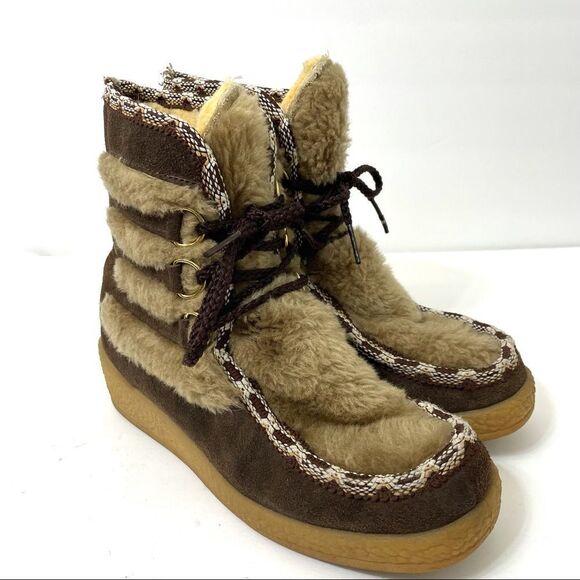 Quoddy Brown Suede Faux Fur Wool Lined Lace Up Moccasin Boots - Picture 15 of 15